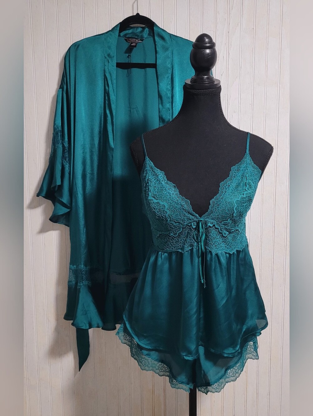 Victoria's Secret Teal Emerald Satin Lace Cami Tap Short Robe Set Large